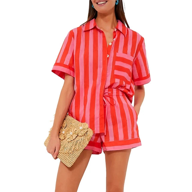 Conjunto de 2 piezas de ropa de dormir para mujer, blusa holgada de manga corta con estampado a r... | AliExpress (US)