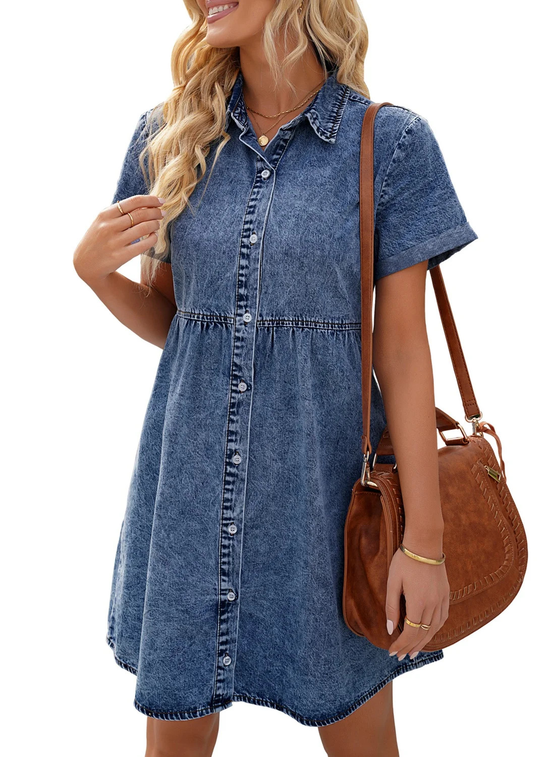 LookbookStore Tiered Babydoll Denim Dress for Women Short Sleeve Front Button Down Flowy Dress Re... | Walmart (US)