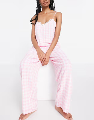 River Island gingham plaid pajama cami and pants set in pink | ASOS (Global)