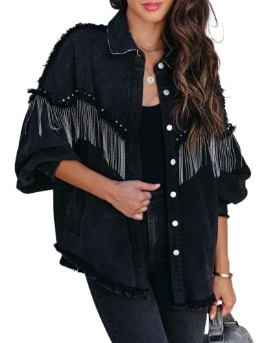 Daacee Casual Frayed Tassel Black Denim Jacket for Women Fashion Fringe Rhinestone Cowgirl Jean Coats(0191-Black-XXL) | Amazon (US)