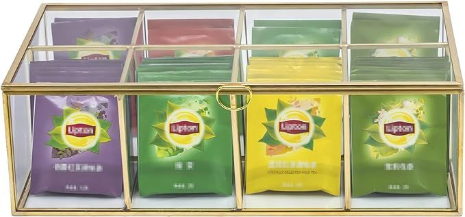 NCYP 12" Glass Tea Bags Box Organizer, Sugar Packets Storage Container, Decor 8 Grids Compartment... | Amazon (US)
