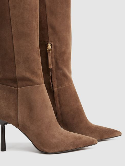 Reiss Tan Gracyn Leather Knee High Heeled Boots | Reiss UK