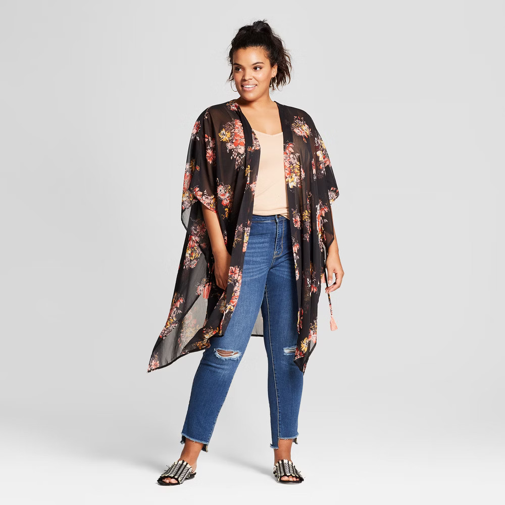 Women's Plus Size Kimono with Tassel Tie - Xhilaration Black 2X-3X | Target