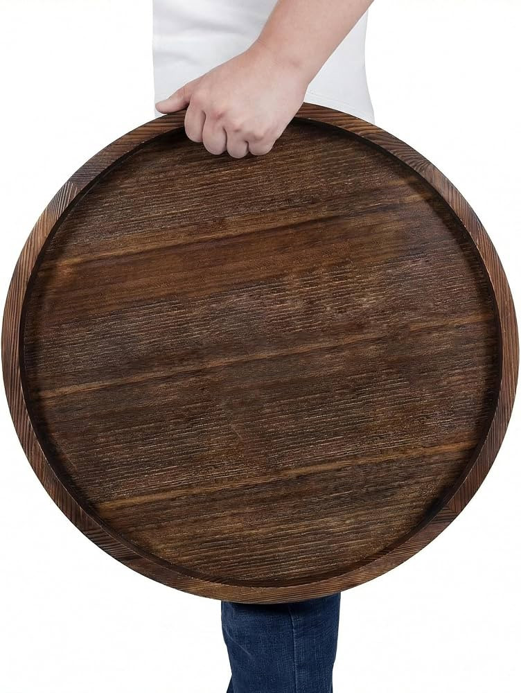 Round Ottoman Tray Large Wood Serving Tray for Table Living Room Bedroom, 20 Inches Rustic Brown | Amazon (US)