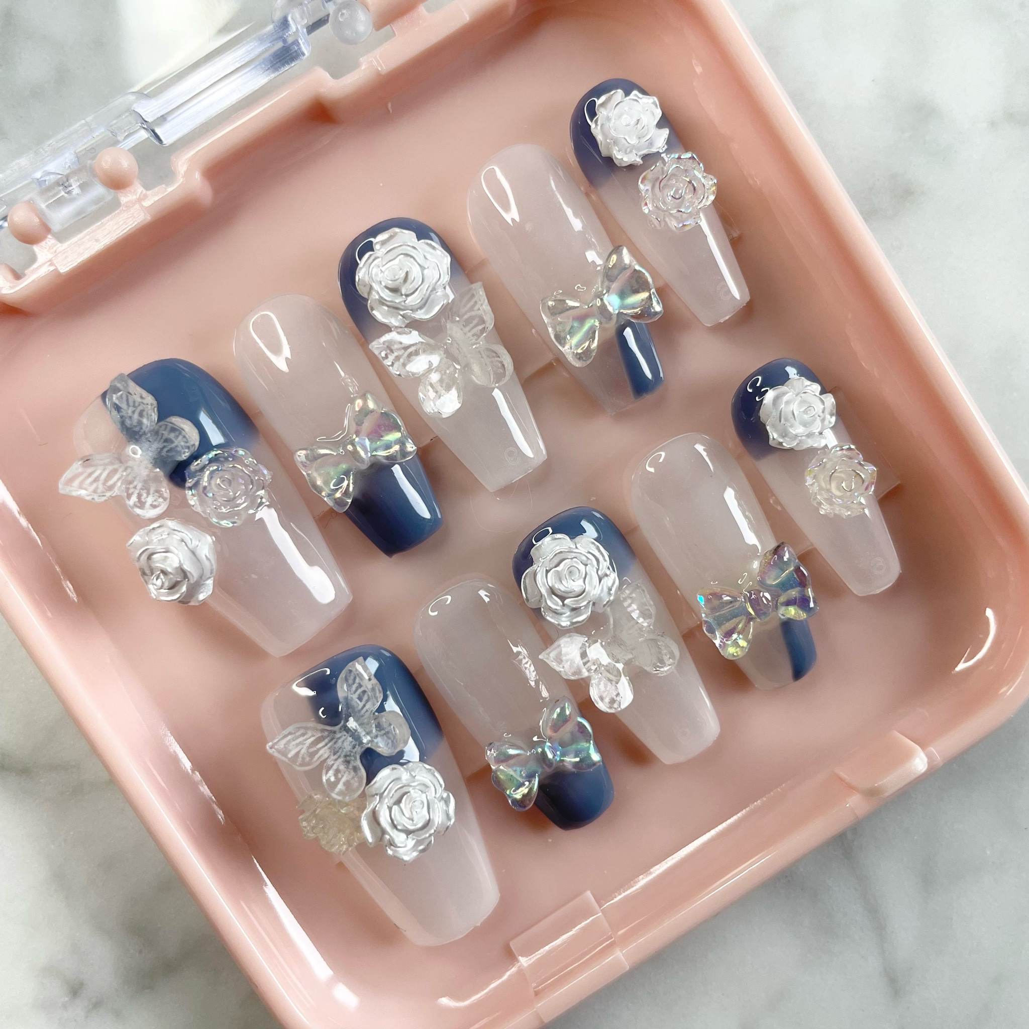 Wedding nails, floral nails, 3d flower nails, blue and white press on nails, fake nails

#LTKwedding #LTKfindsunder50 #LTKstyletip