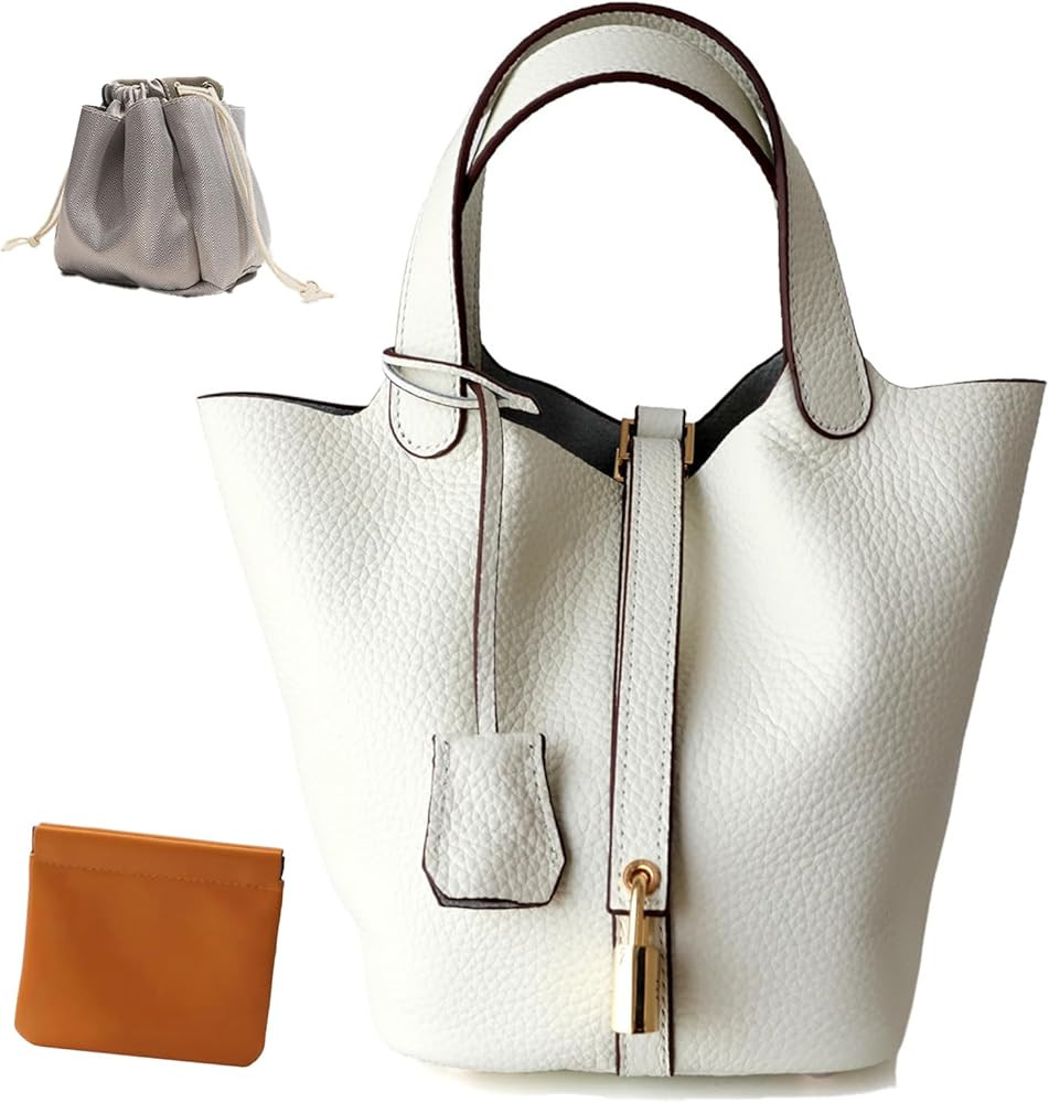 Genuine Leather Lock Design Bucket Bag Vegetable Basket, Fashionable and Versatile Shoulder Handb... | Amazon (US)