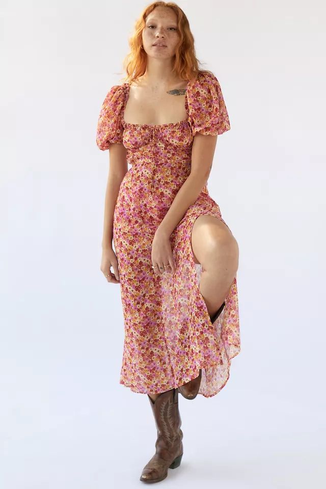 For Love & Lemons Felicia Silk Floral Midi Dress | Urban Outfitters (US and RoW)