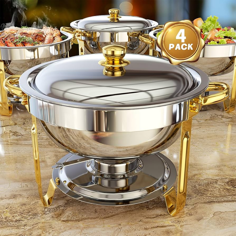 Chafing Dishes for Buffet 4 Pack, 5QT Round Chafing Dish Buffet Set [Elegant Gold and Silver Colo... | Amazon (US)