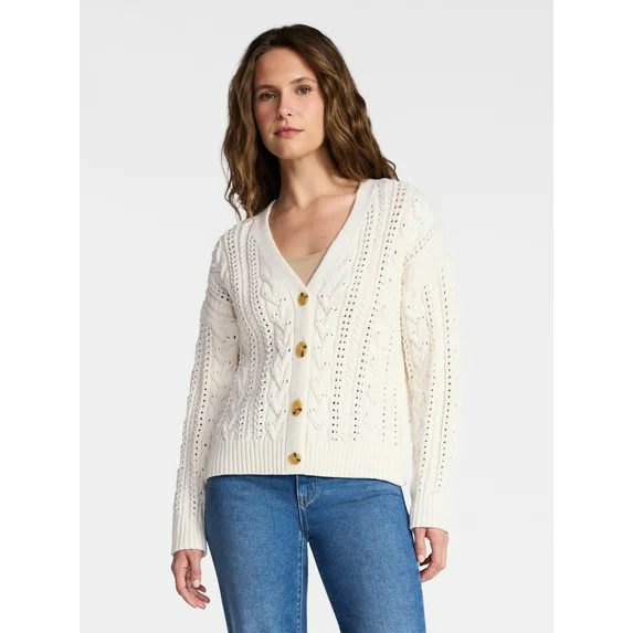 Time and Tru Women's Cable Knit Cardigan Sweater with Long Sleeves, Lightweight, Sizes XS-XXXL | Walmart (US)