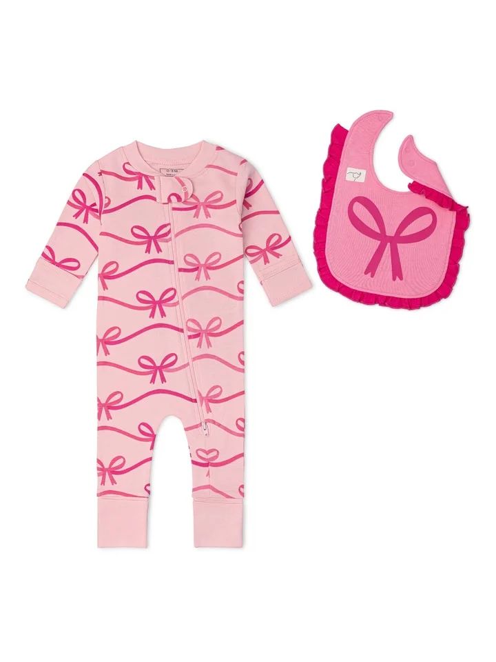 Paris Hilton x Monica + Andy Organic Cotton Baby Ruffle One-Piece and Bib Set, Sizes 0/3 Months-1... | Walmart (US)