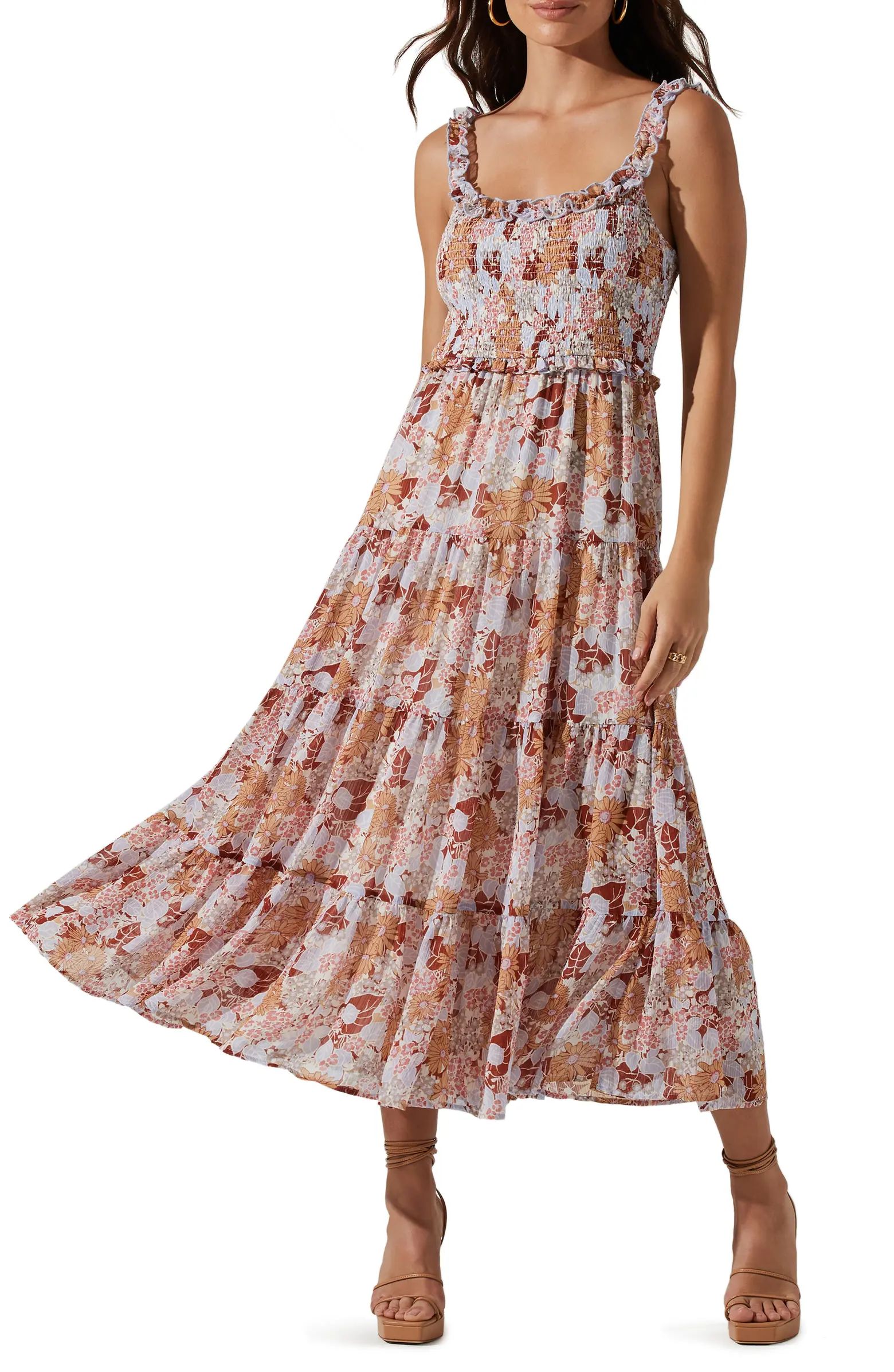 Floral Smocked Tiered Midi Dress | Nordstrom Rack