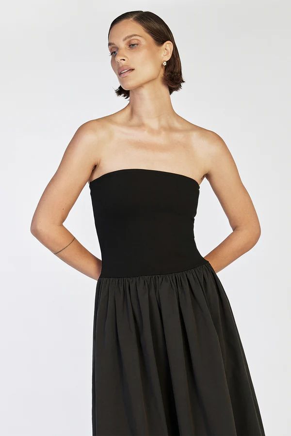 SOPHIE BLACK STRAPLESS MIDI DRESS | DISSH