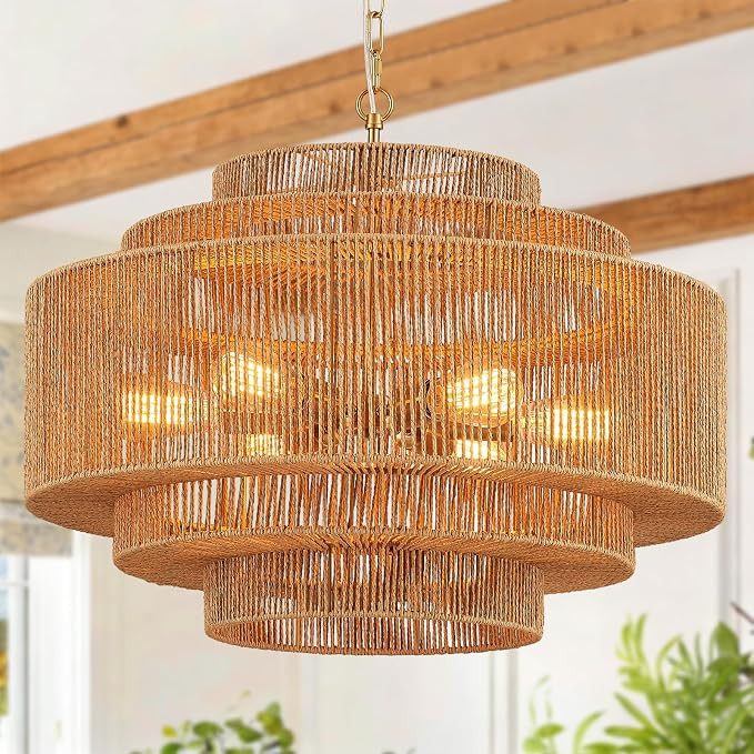 25.68" Gold Rattan Chandelier, 6-Light Large Wicker Light Fixture | Amazon (US)