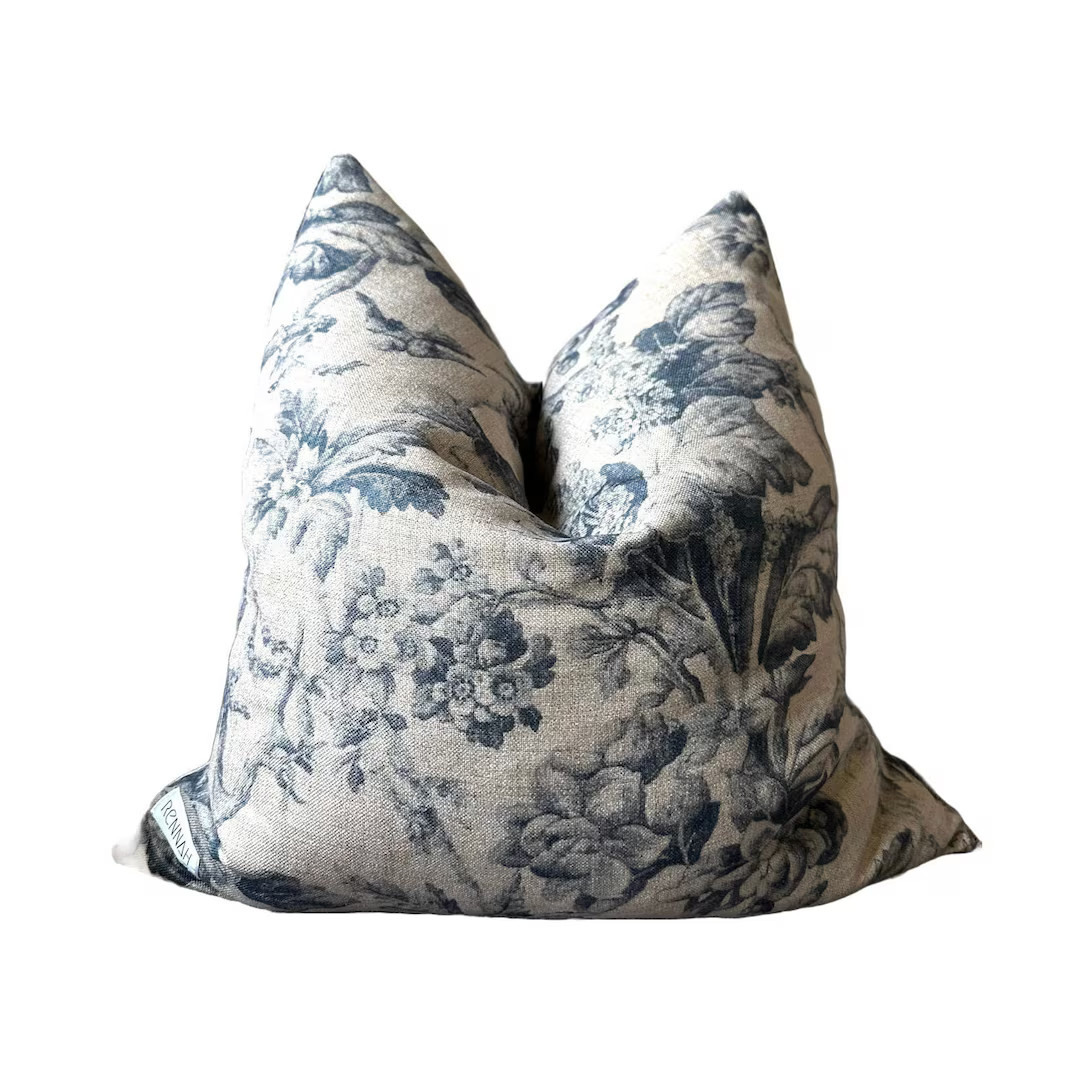 Rowynn Pillow Cover, Vintage Floral, Navy and Tan, Designer, Bohemian Eclectic, Linen, Beautiful ... | Etsy (US)