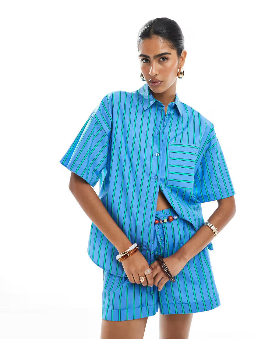 ASOS DESIGN boxy fit striped shirt in blue and green stripes - part of a set-Multi | ASOS (Global)