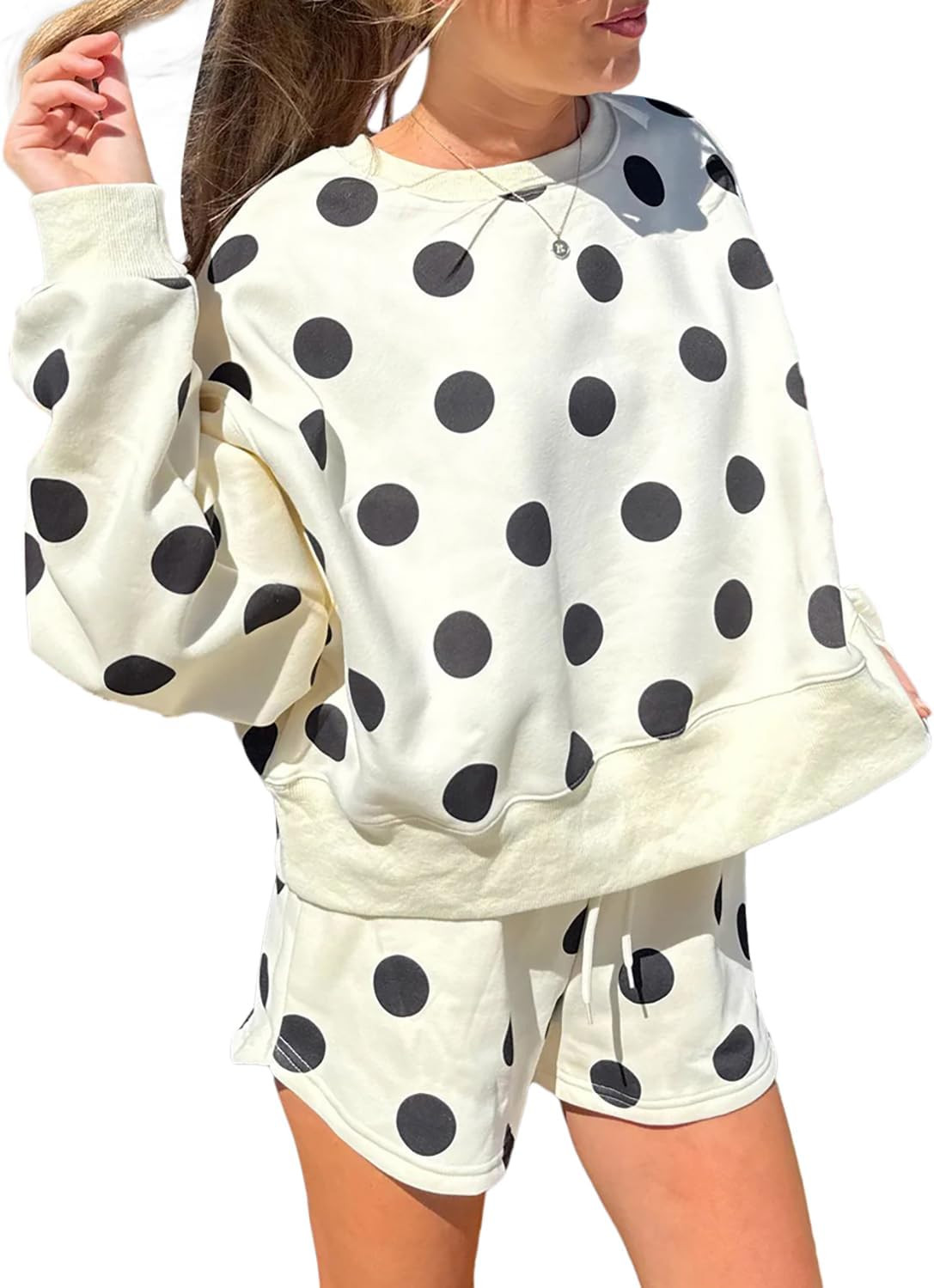 KevaMolly Women Polka Dot Drop Shoulder 2 Piece Lounge Set | 95% Polyester 5% Elastane stretch,Long Sleeve Oversized Pullover,Drawstring Relaxed Matching Shorts | Amazon (US)