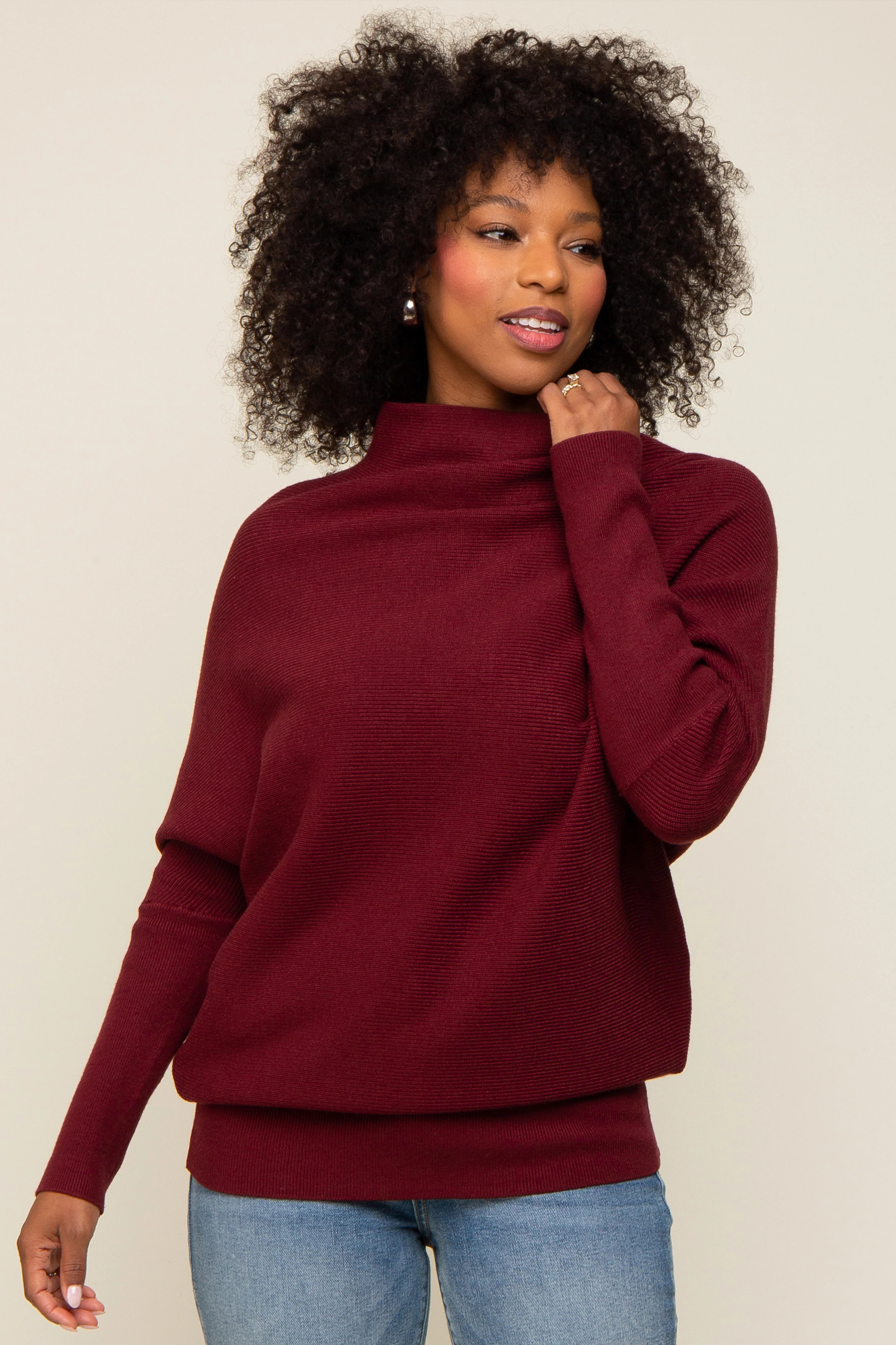 Burgundy Funnel Neck Dolman Sleeve Sweater | PinkBlush Maternity