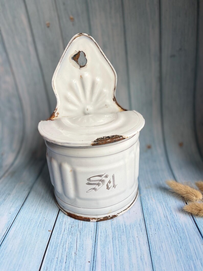 Classic French Antique Enamel Faded Silver and White Chippy Salt Cellar / Wall Hanging Sel - Etsy | Etsy (US)