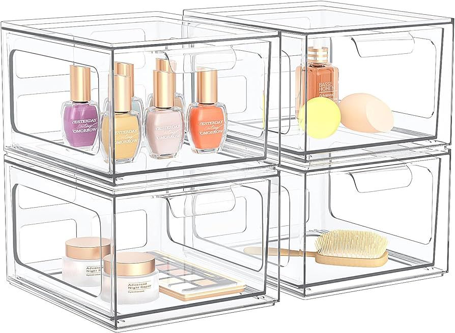 SpaceHacks 4 Pack Stackable Plastic Makeup Organizer Drawers, Acrylic Organizers, Clear Storage B... | Amazon (US)