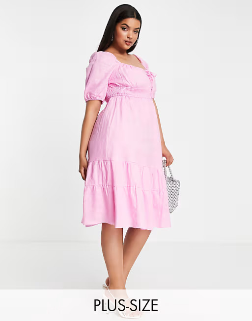 Ever New Curve puff sleeve tiered tea dress in pink | ASOS (Global)