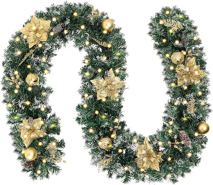 CEWOR 9 Ft Artificial Christmas Garland Green Rattan with Gold Flower Decorations with 50 Warm Wh... | Amazon (US)