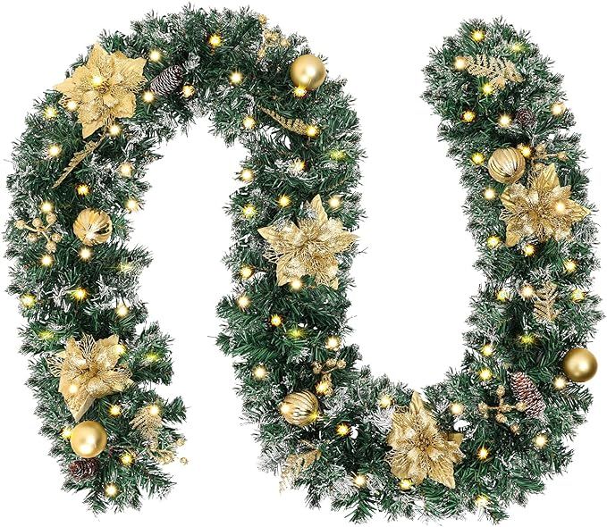 CEWOR 9 Ft Artificial Christmas Garland Green Rattan with Gold Flower Decorations with 50 Warm Wh... | Amazon (US)