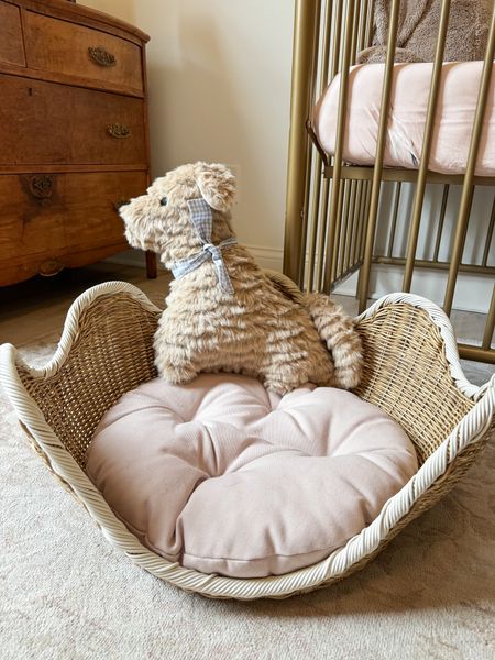 Rattan scalloped dog bed I’m using as a stuffed animal bed/storage in the girls’ room 😄 // playroom // nursery // kids bedroom // doodle dog // 

#LTKkids #LTKhome #LTKbaby