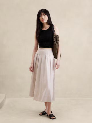 Linen-Blend Pleated Midi Skirt | Banana Republic Factory
