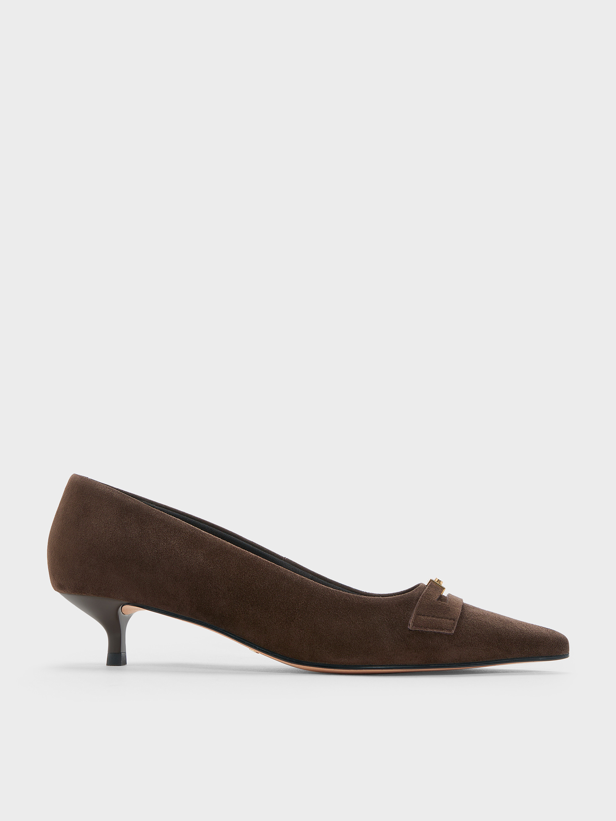 Georgina Suede Pointed-Toe Kitten-Heel Pumps
    
         - Dark Brown Textured | Charles & Keith UK