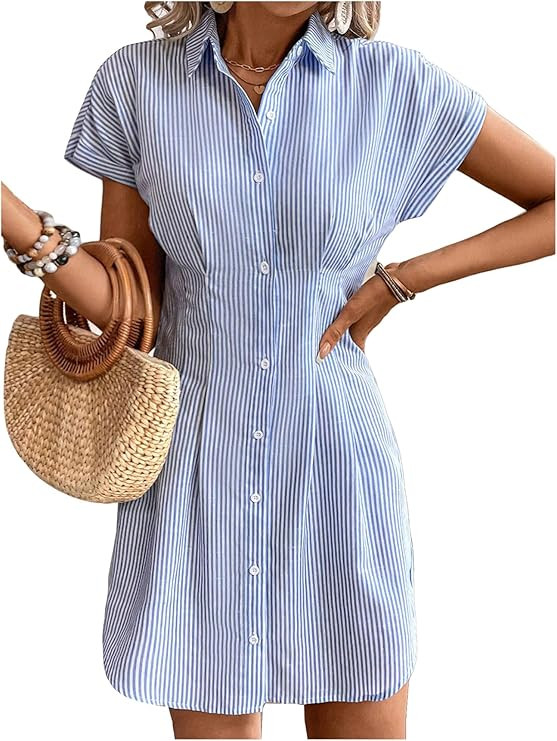 Milumia Women's Striped Button Front Cap Sleeve Collared Shirt Dress | Amazon (US)