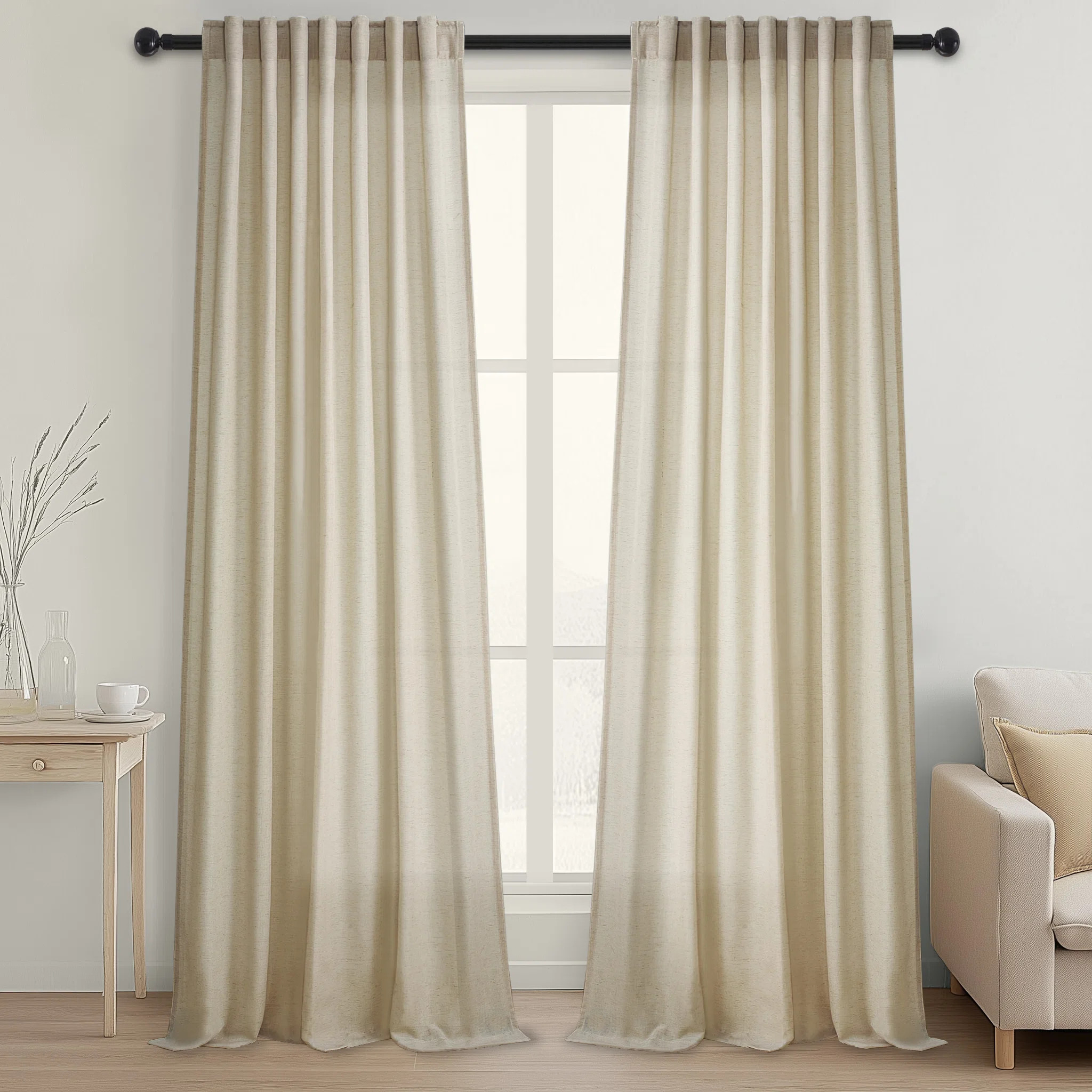 Cotton Linen Blended Light Filtering Curtain,Back Tab Hooks  Drapes (Set of 2,With Hooks) (Set of... | Wayfair North America