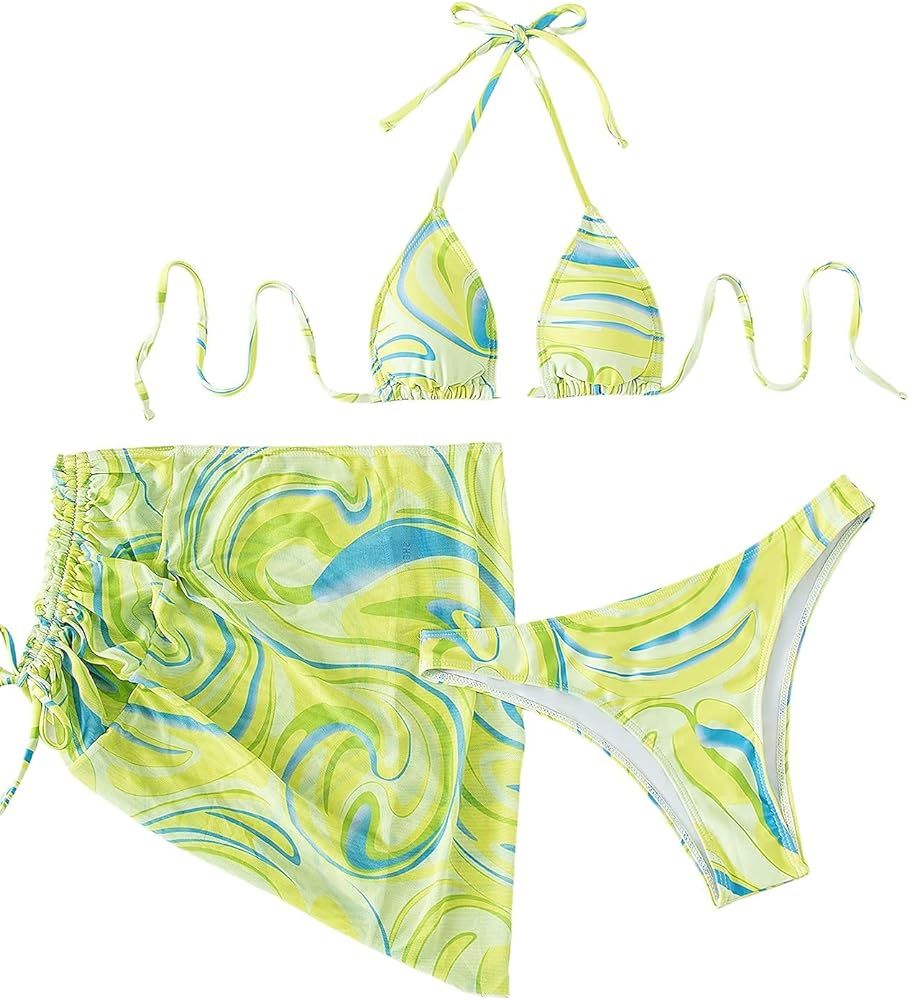 MakeMeChic Women's 3packs Allover Print Bikini Set and Drawstring Side Cover Up Skirt | Amazon (US)