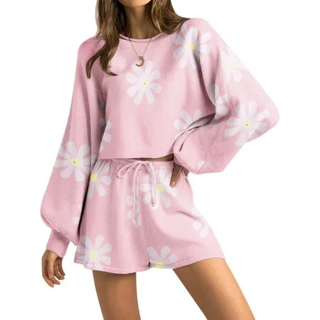 Avidlove Knit Pajama Set for Women Long Sleeve Floral Tops and Shorts Lounge Set with Pocket 2 Piece Matching Outfits Casual Sweater Sets Sleepwear | Walmart (US)