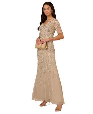 Women's V-Neck Beaded Short-Sleeve Mesh Gown | Macy's