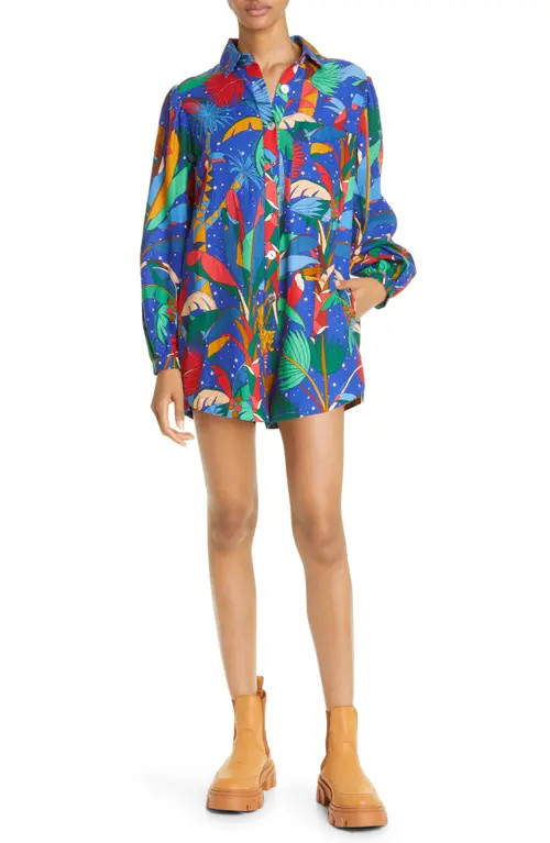 FARM Rio Colorful Forest Long Sleeve Linen Blend Romper in Colorful Forest Blue at Nordstrom, Size S | Nordstrom
