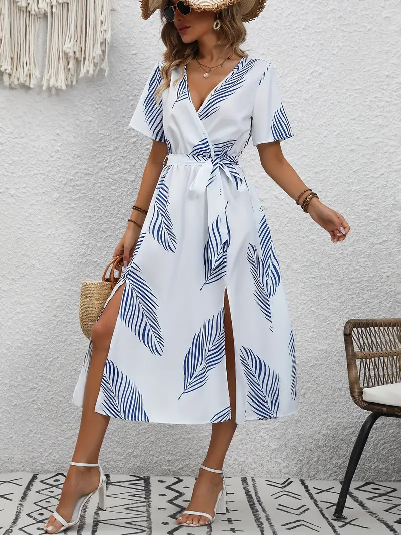Plant Print Split Dress Vacation V Neck Short Sleeve Maxi - Temu | Temu Affiliate Program
