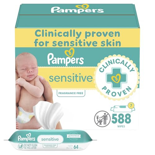 Pampers Baby Wipes Sensitive, Water Based Wipes, Hypoallergenic and Unscented Wipes, 588 Wipes Total (7 Refill Packs) | Amazon (US)
