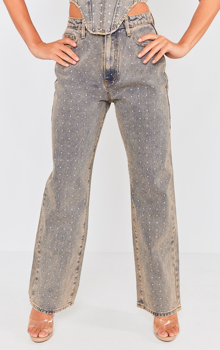 Vintage Wash Scattered Diamante Detail Wide Leg Jeans | PrettyLittleThing US