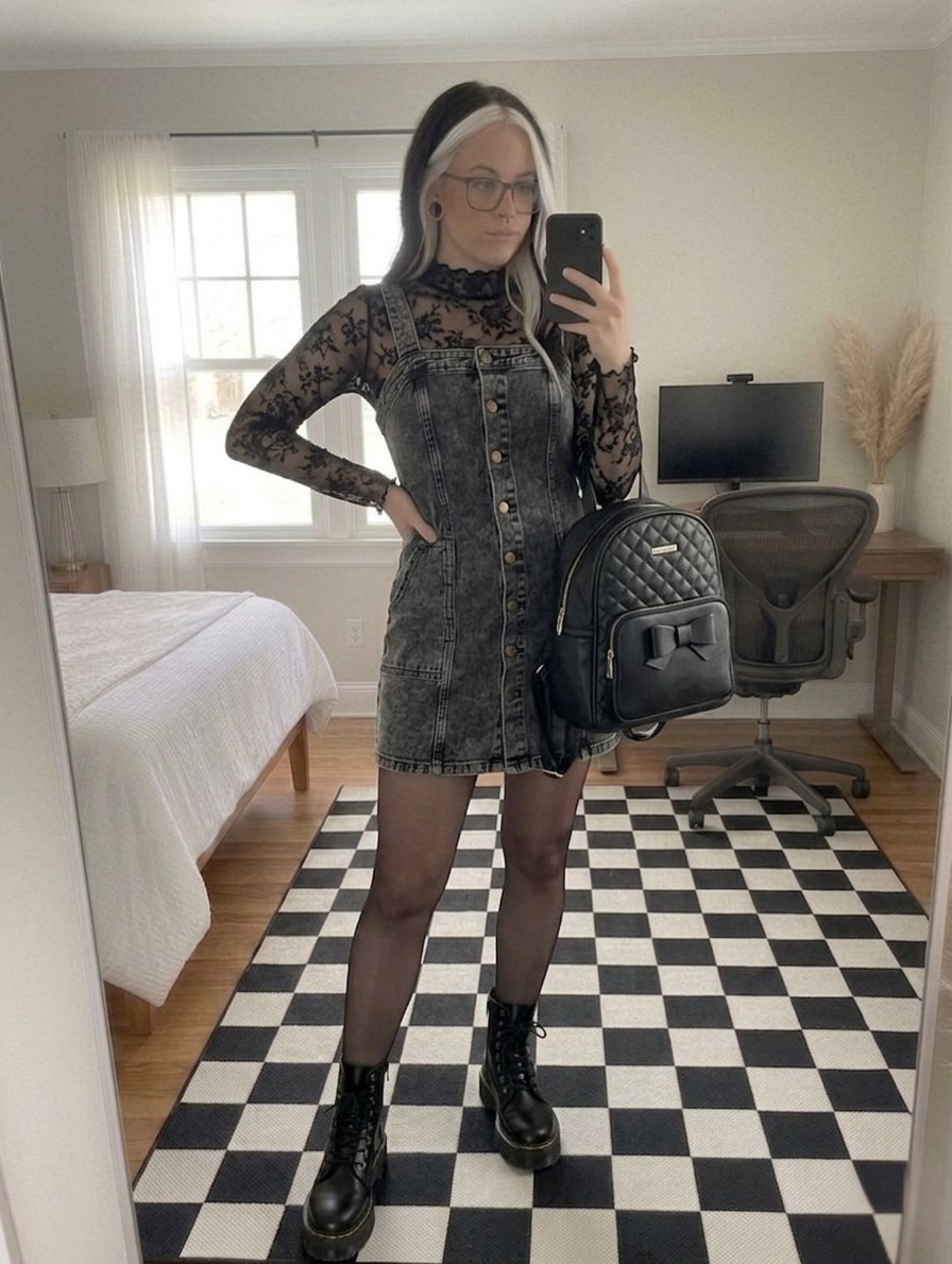 Looking for that perfect mix of alt-aesthetic and wearable street style? This charcoal acid-wash denim pinafore is the ultimate transition piece. I’ve layered it over a delicate sheer floral lace mock neck with lettuce-edge details for a touch of soft-grunge.

Finished the look with high-waisted sheer tights and my go-to platform combat boots for that extra height and "don't mess with me" energy. This quilted backpack is the perfect size for daily essentials while keeping the vibe elevated.

#LTKootd #LTKSeasonal #LTKMidsize