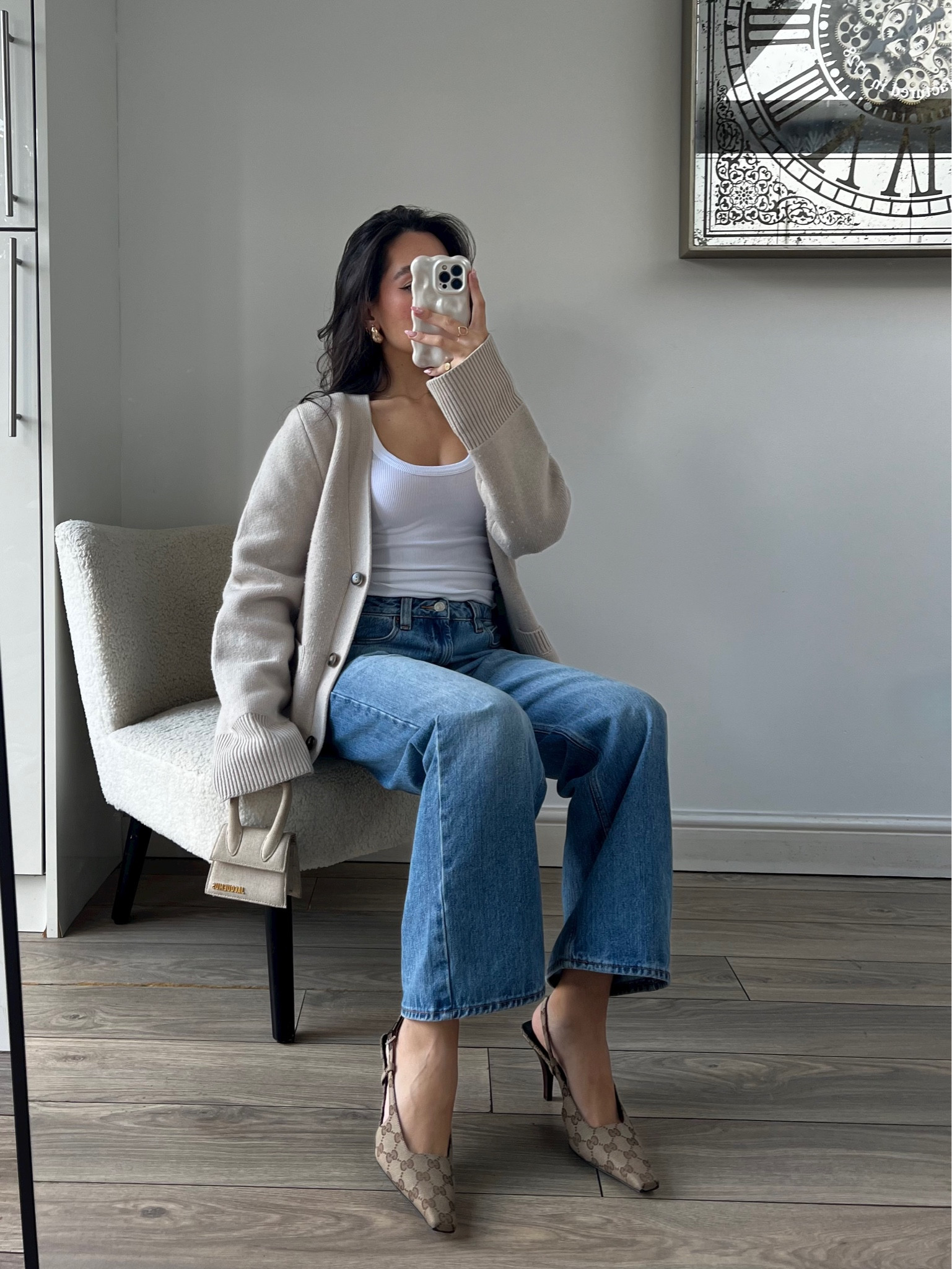 Crop top and cardigan, ASOS, petite dad jeans, baggy fit jeans, Gucci slingback shoes, designer shoes, formal outfit, date night outfit, jeans and a nice top, smart casual outfit, khaite cardigan dupe, wool cardigan, beige cardigan, h&m, jacquemus bag, mini bag, basic vestt

#LTKshoecrush #LTKstyletip #LTKSeasonal