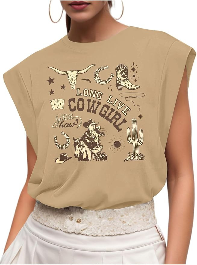 Western Cowgirl Tank Tops Women Country Music Cap Sleeve Crop Top Rodeo Cowboy Graphic Tee Shirt | Amazon (US)
