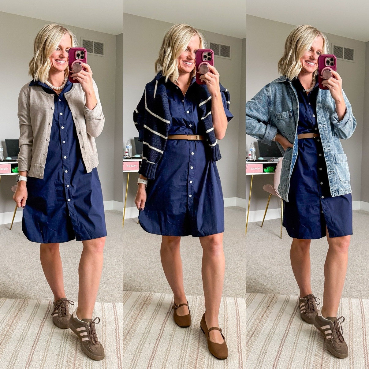 Fall Capsule 2026 🍂 Three ways I'm styling my navy shirt dress! This is look 1 of 2 with this piece — my 20-piece capsule mixes and matches into 120 outfits. Which one is your favorite?! Shop the pieces on my LTK! 🤎 

 #fallcapsulewardrobe #capsulewardrobe #falloutfits #fallfashion #petitestyle #affordablefashion #ltkstyle #ltkfall