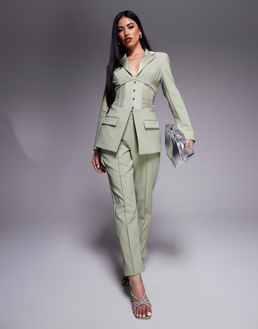 Lavish Alice mid rise satin mix tailored pants in sage green - part of a set | ASOS (Global)