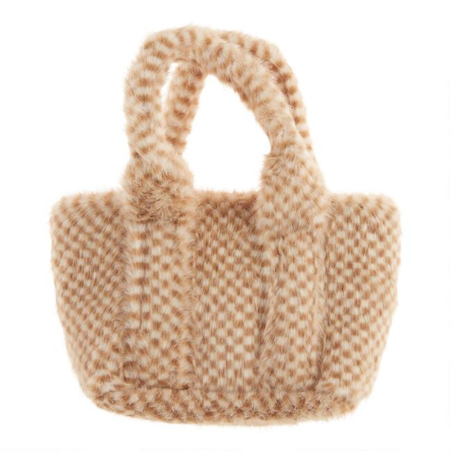 Camel And Ivory Faux Fur Checkered Tote Bag | World Market