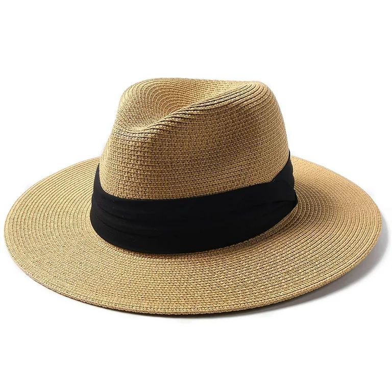 Panama Hat Sun Hats for Women Men Wide Brim Fedora Straw Beach Hat UV UPF 50- Khaki- M | Walmart (US)