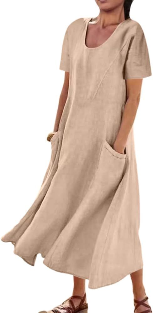 Women Summer Cotton Linen Short Sleeve Dress Casual Loose Crew Neck Maxi Flowy Dresses with Pocke... | Amazon (US)
