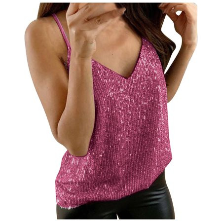 Qcmgmg Women s All Over Sequin Top Shimmer Strappy Camisole Sparkly Tank Tops Party Shirts Pink M | Walmart (US)