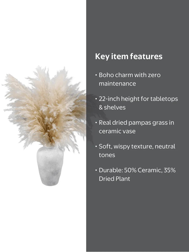 Home Decor Collection 22-Inch Pampas Grass Arrangement in Natural Ceramic Vase for Modern or Boho... | Walmart (US)