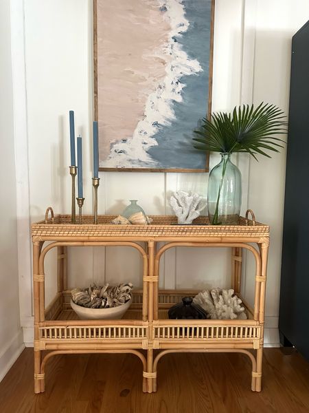 Coastal bar cart 
Coastal console table styling 