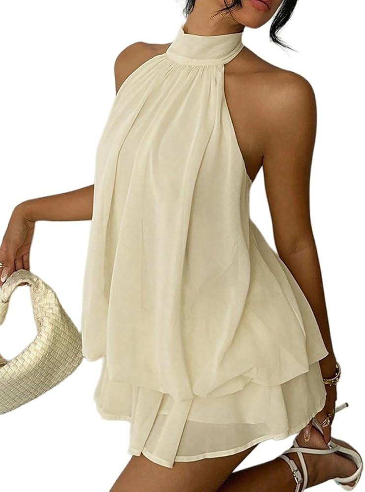 Narecte Womens Summer Dresses Halter Tie Mini Dress with Built-in Shorts, Chiffon Elegant A-Line ... | Amazon (US)